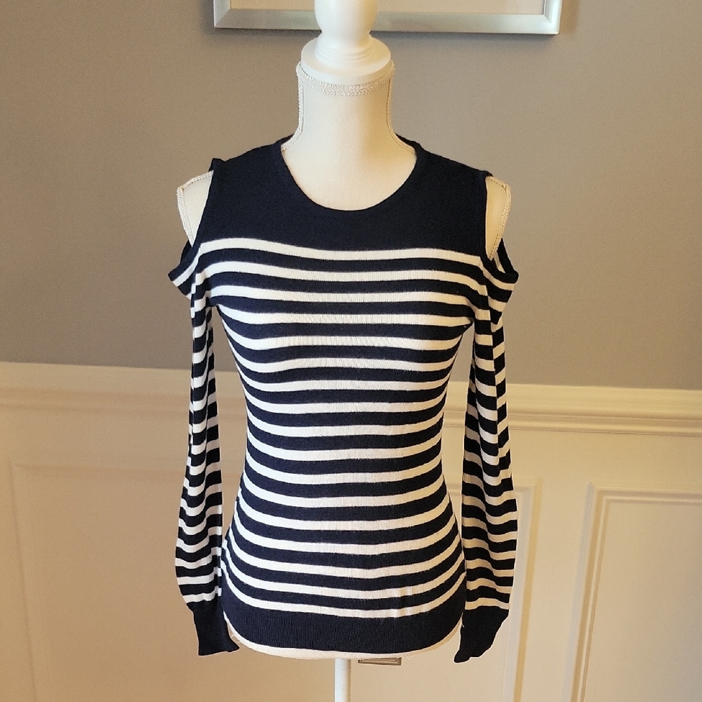 The Limited Navy Blue And White Striped Cold Shoulder Sweater Women Size XS